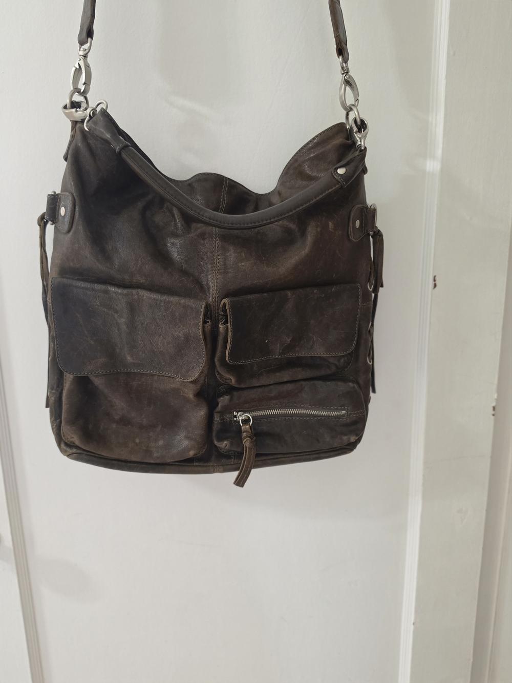 Liebeskind Berlin Distressed Brown Leather Large Hobo Crossbody Shoulder Bag